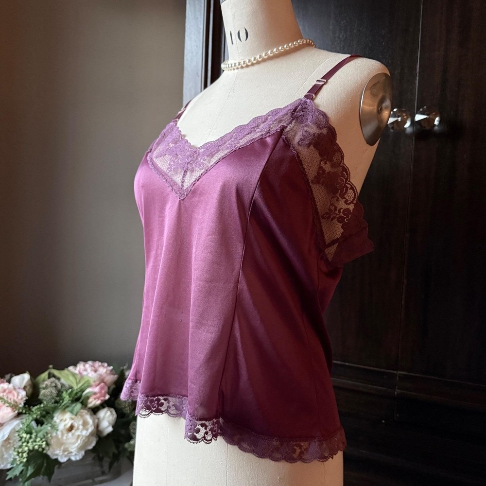 Vintage Bari Nylon Lace Camisole Large Plum Mauve USA Union Made Coquette 90s